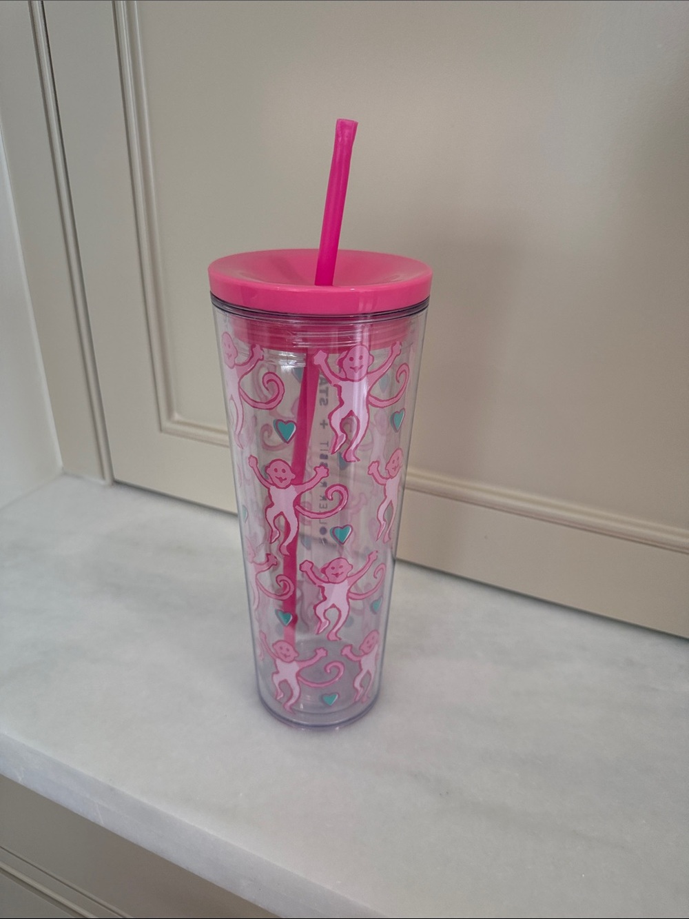 Roller Rabbit x Starbucks Pink Monkey Print Tumbler with Straw